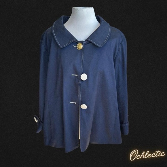 NWT Bob Mackie Navy blue button-up jacket with white piping and gold buttons - Picture 1 of 6